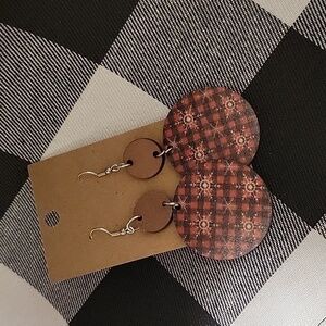 Handmade double sided 3in wooden circle, red & black plaid earrings New